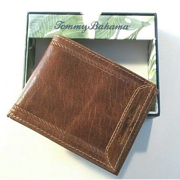 COPY - Tommy Bahama Men's Bi Fold Tan Brown Leather Wallet Card Case Bill Holde… - Picture 2 of 4